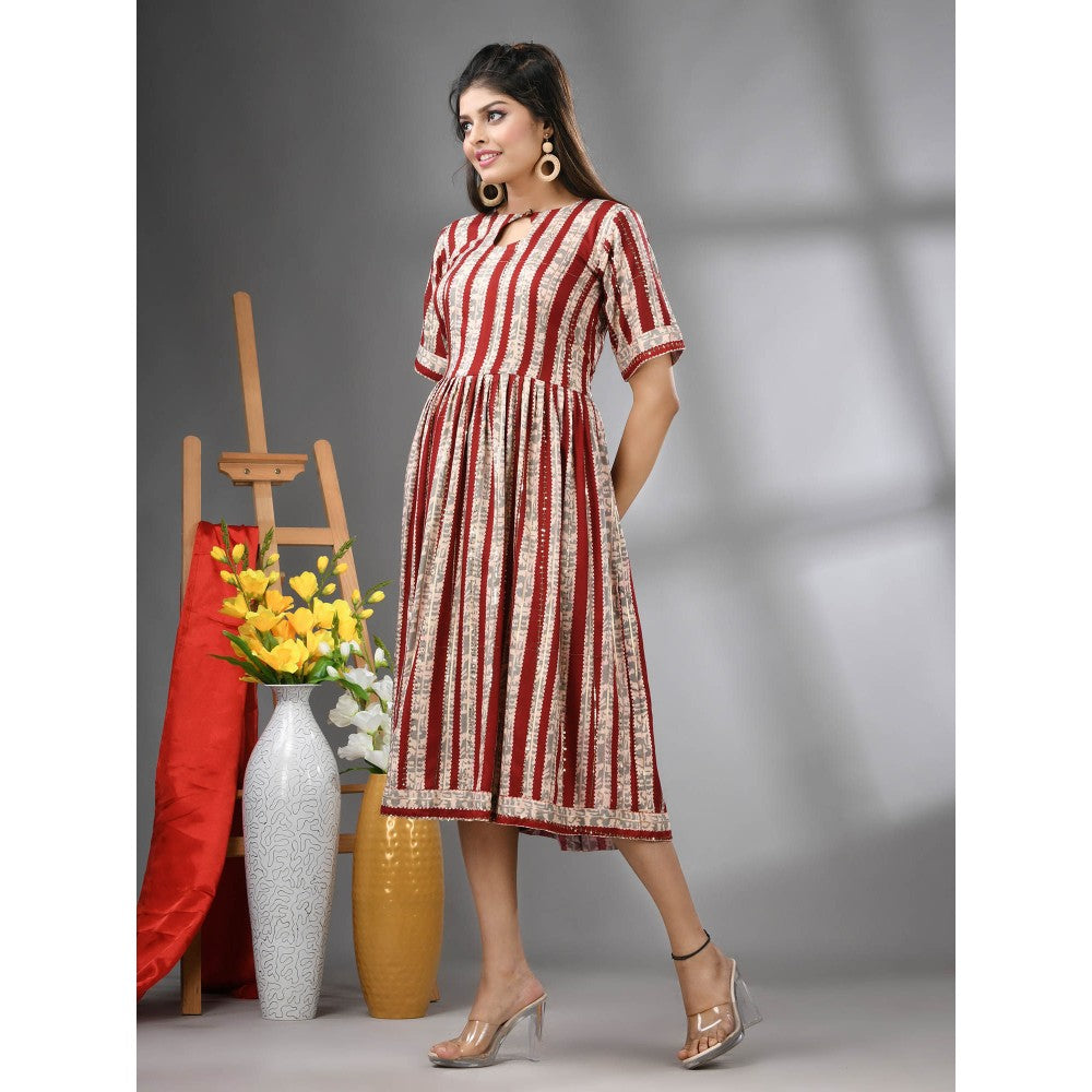 CHARUKRITI Dark Red Rayon Midi Dress with Sequence Work