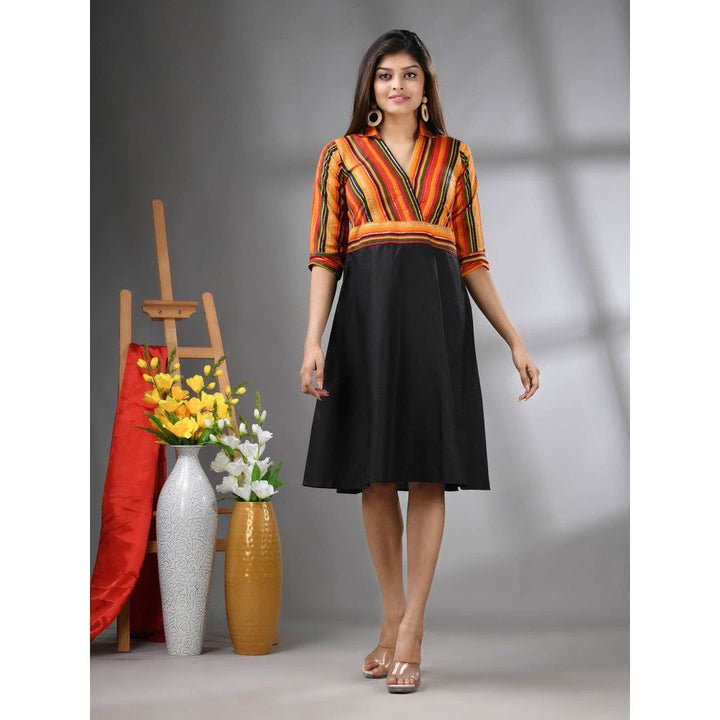 CHARUKRITI Multicolor and Black Cotton Blend Flared Knee Length Dress