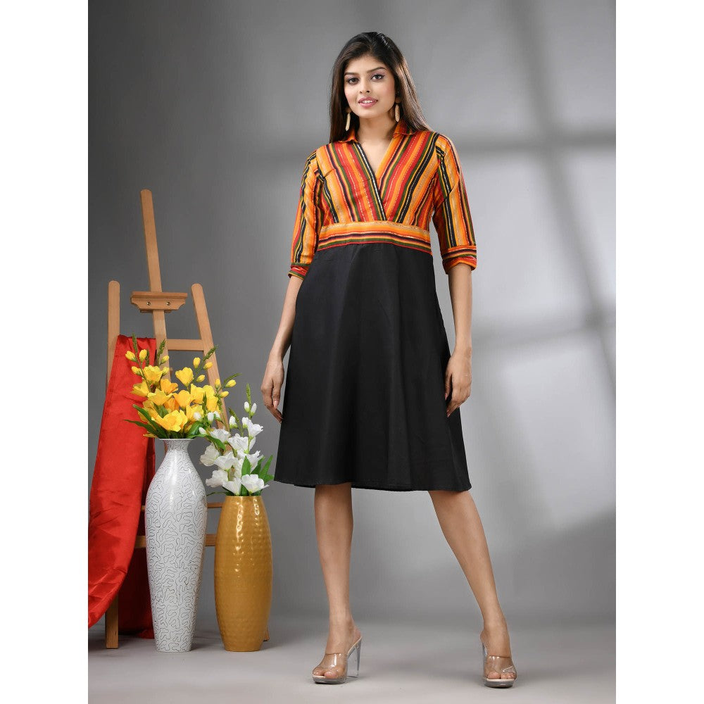 CHARUKRITI Multicolor and Black Cotton Blend Flared Knee Length Dress