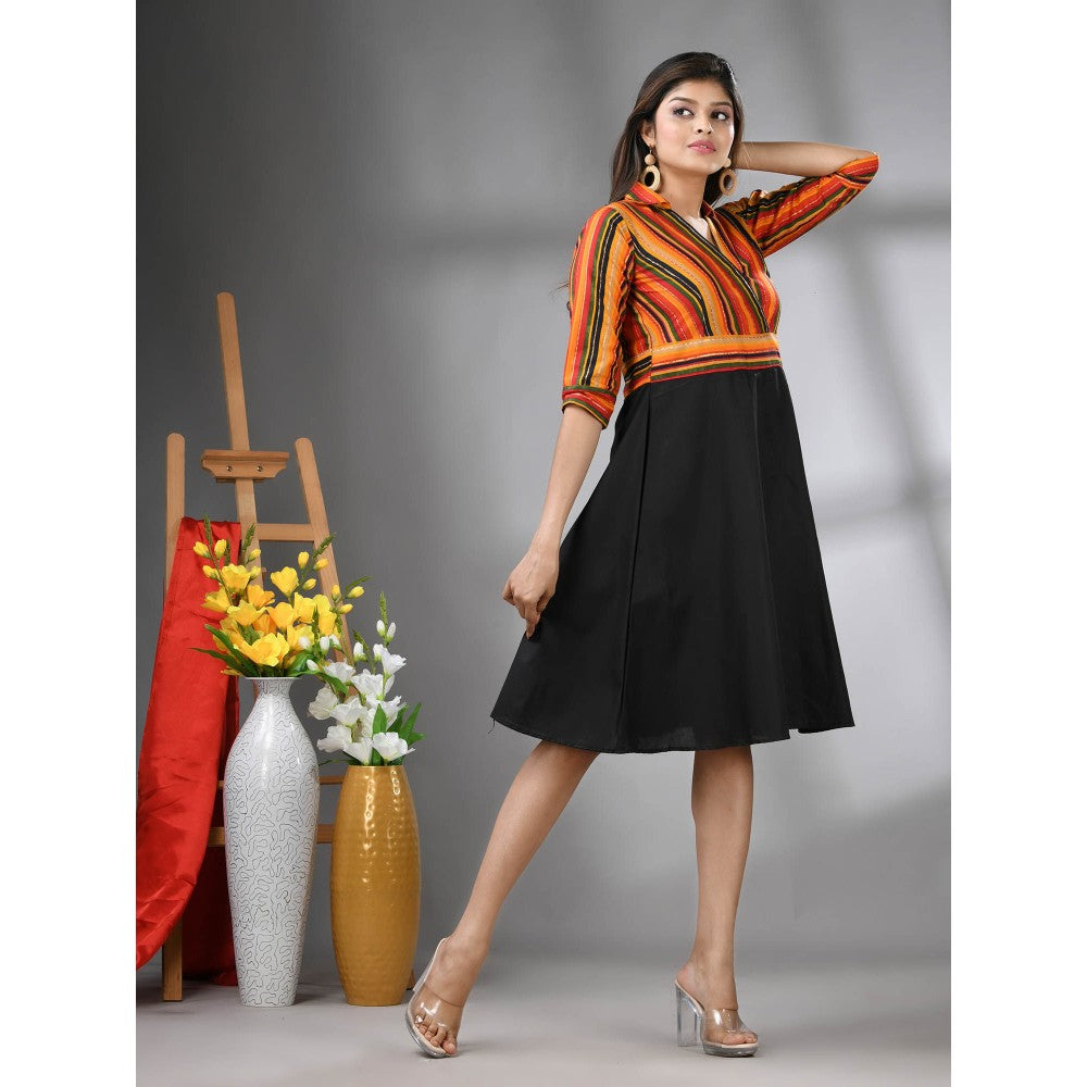 CHARUKRITI Multicolor and Black Cotton Blend Flared Knee Length Dress