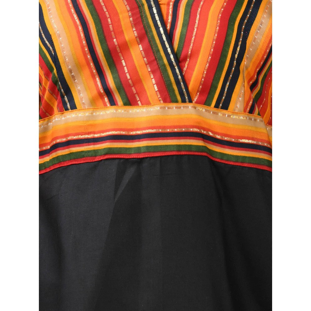 CHARUKRITI Multicolor and Black Cotton Blend Flared Knee Length Dress