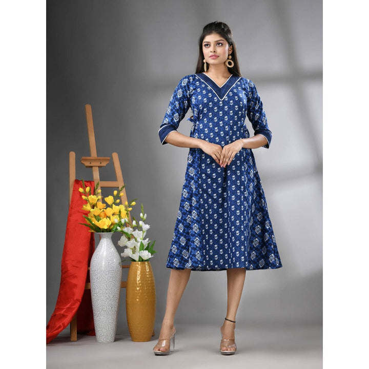 CHARUKRITI Navy Blue Cotton Printed A-Line Ethnic Dress