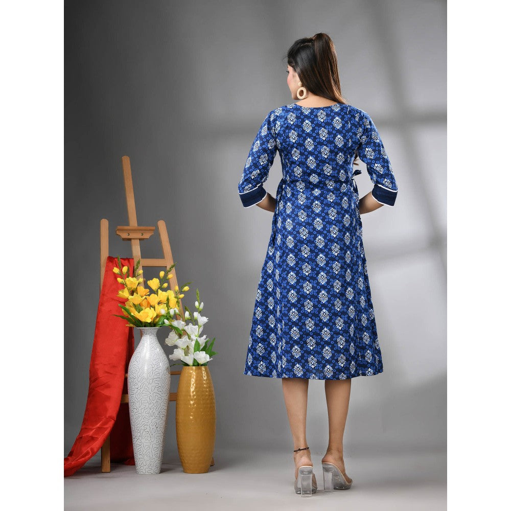 CHARUKRITI Navy Blue Cotton Printed A-Line Ethnic Dress