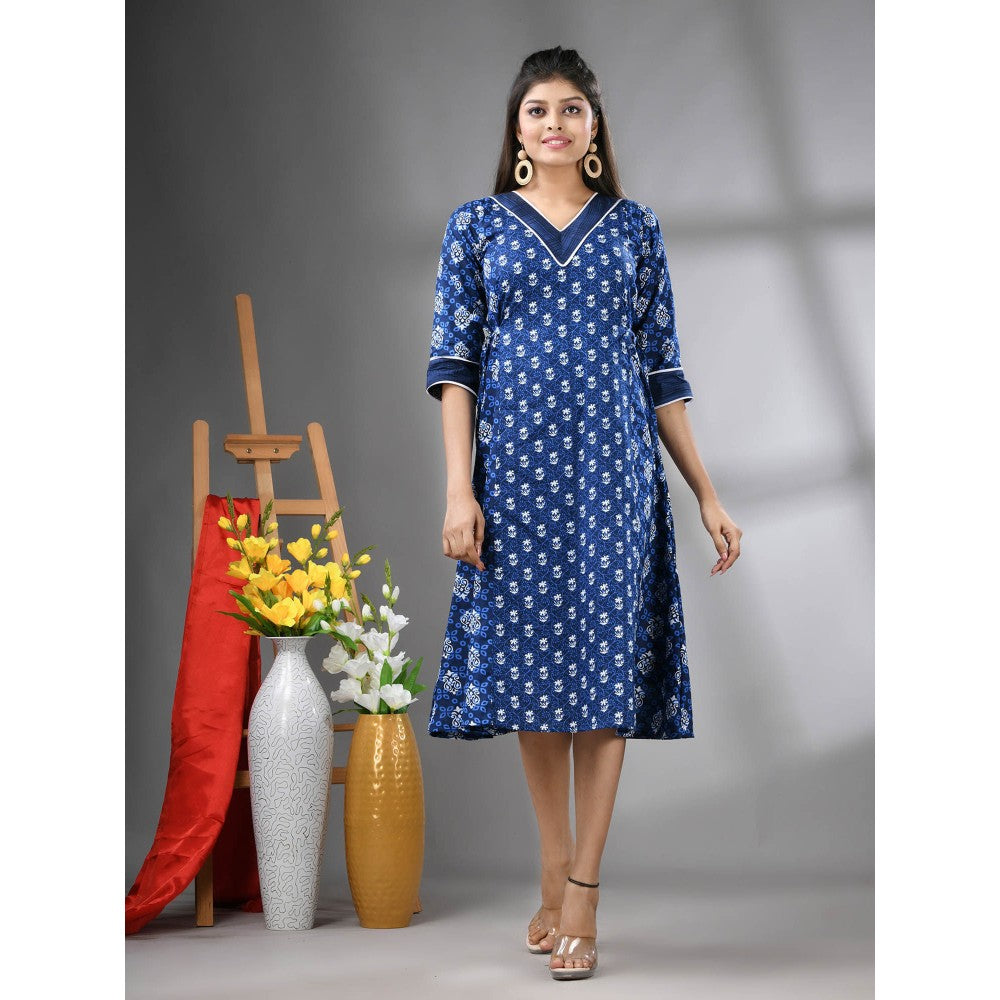 CHARUKRITI Navy Blue Cotton Printed A-Line Ethnic Dress