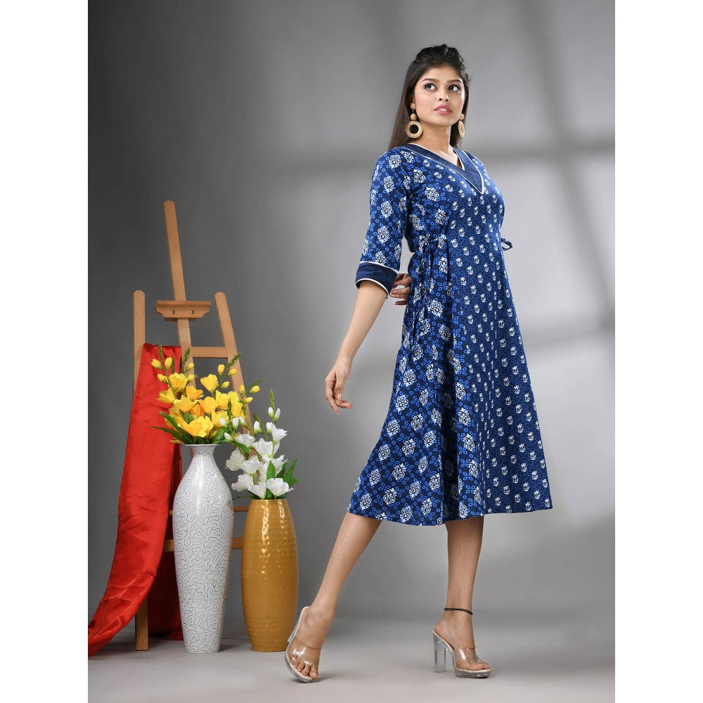 CHARUKRITI Navy Blue Cotton Printed A-Line Ethnic Dress