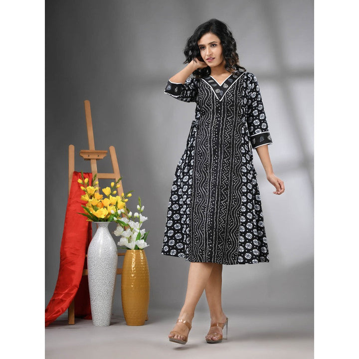 CHARUKRITI Black Cotton Bandhani Printed A-Line Ethnic Dress