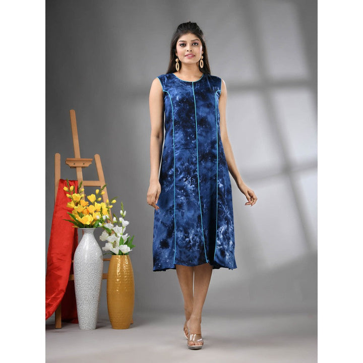 CHARUKRITI Navy Blue Rayon Abstract Printed A-Line Ethnic Dress