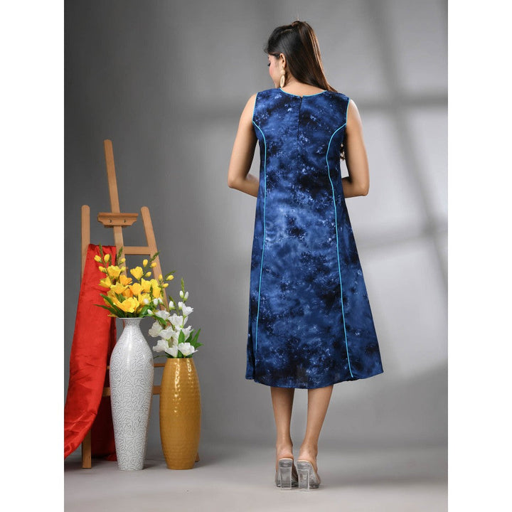 CHARUKRITI Navy Blue Rayon Abstract Printed A-Line Ethnic Dress