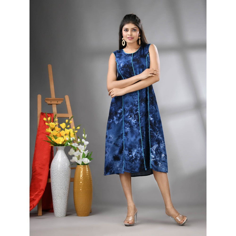 CHARUKRITI Navy Blue Rayon Abstract Printed A-Line Ethnic Dress