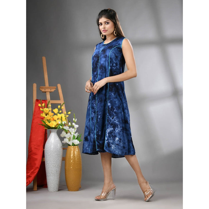 CHARUKRITI Navy Blue Rayon Abstract Printed A-Line Ethnic Dress