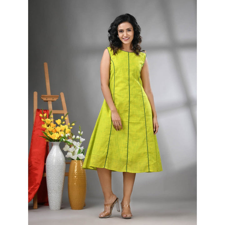 CHARUKRITI Lime Green Cotton Solid A-Line Ethnic Dress