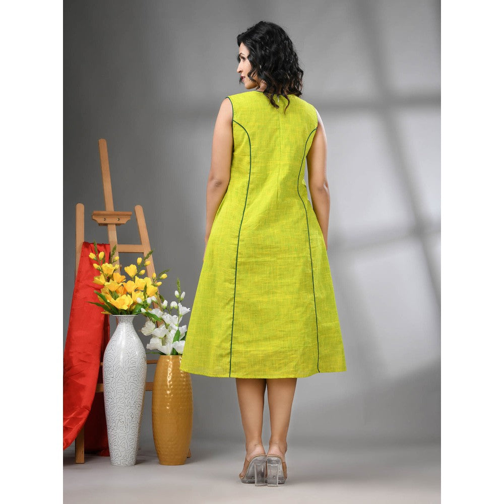 CHARUKRITI Lime Green Cotton Solid A-Line Ethnic Dress