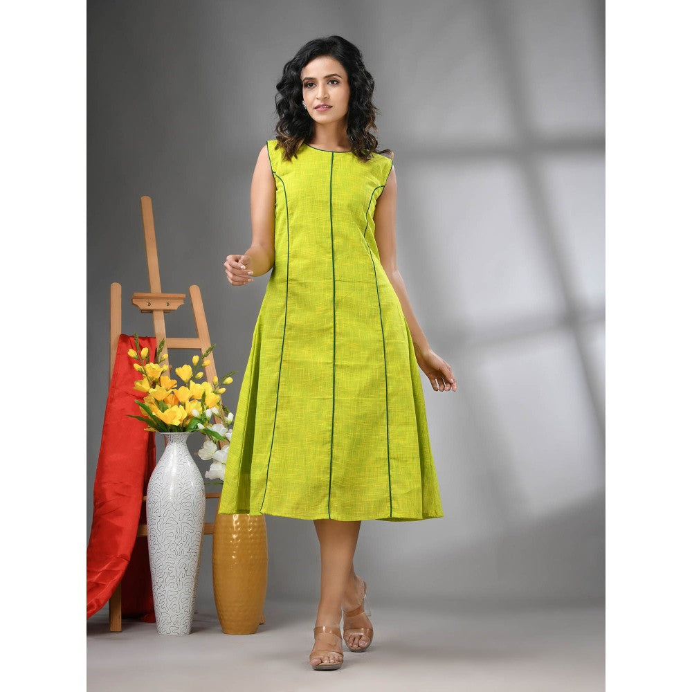 CHARUKRITI Lime Green Cotton Solid A-Line Ethnic Dress