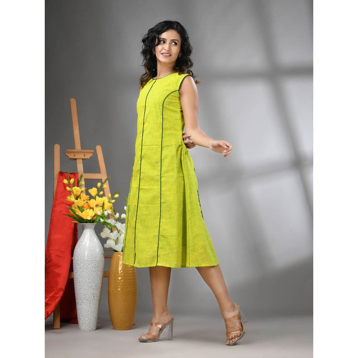 CHARUKRITI Lime Green Cotton Solid A-Line Ethnic Dress