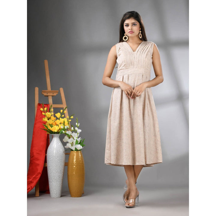 CHARUKRITI Beige Cotton Fit and Flared Midi Dress