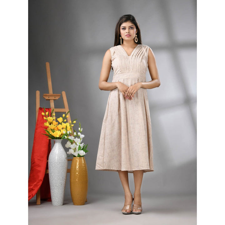 CHARUKRITI Beige Cotton Fit and Flared Midi Dress