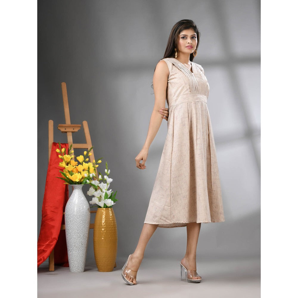 CHARUKRITI Beige Cotton Fit and Flared Midi Dress