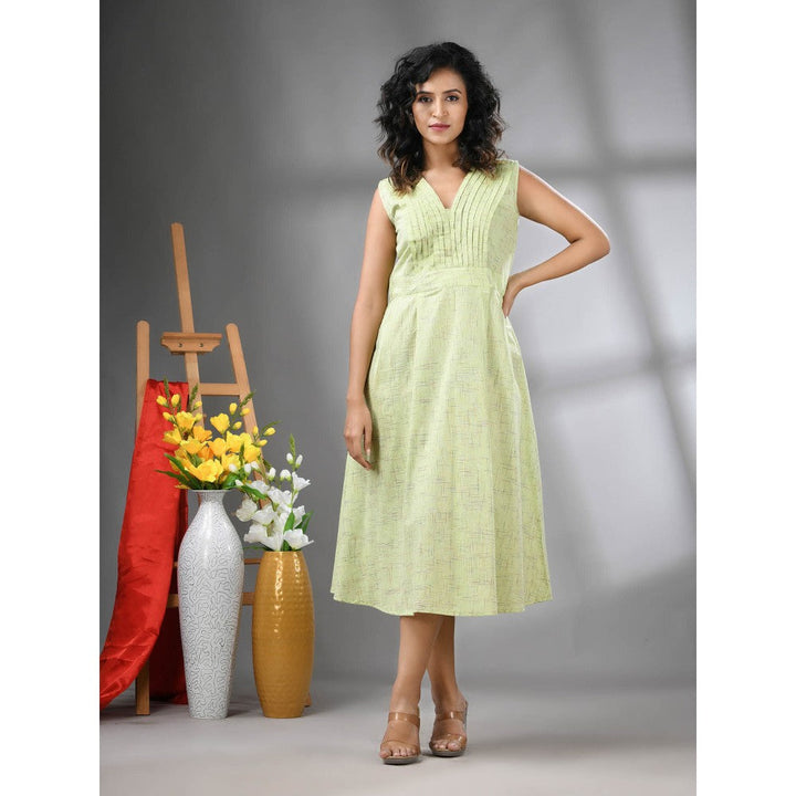 CHARUKRITI Light Green Cotton Fit and Flared Midi Dress