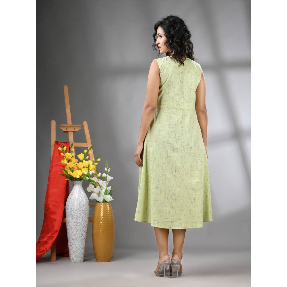 CHARUKRITI Light Green Cotton Fit and Flared Midi Dress