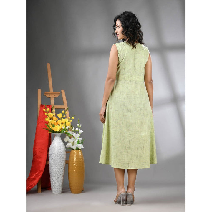 CHARUKRITI Light Green Cotton Fit and Flared Midi Dress