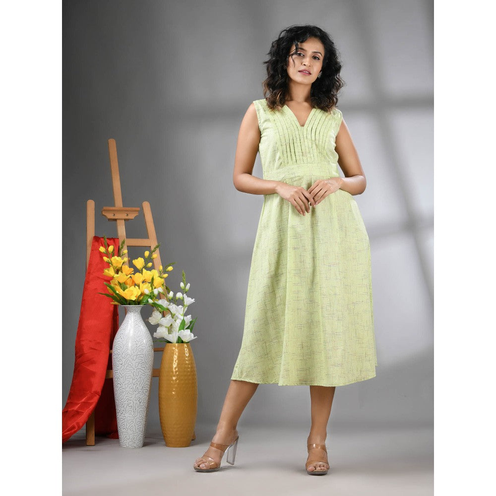 CHARUKRITI Light Green Cotton Fit and Flared Midi Dress