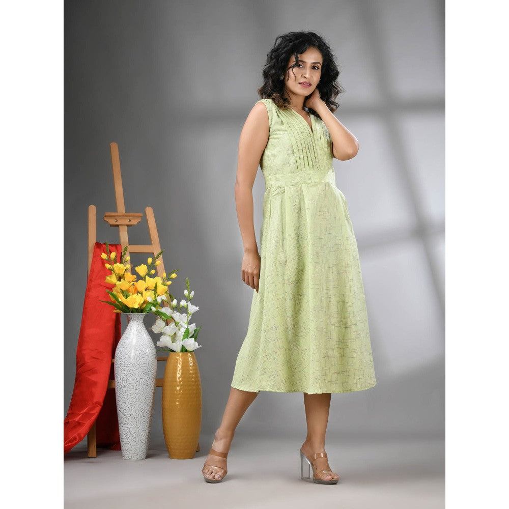 CHARUKRITI Light Green Cotton Fit and Flared Midi Dress