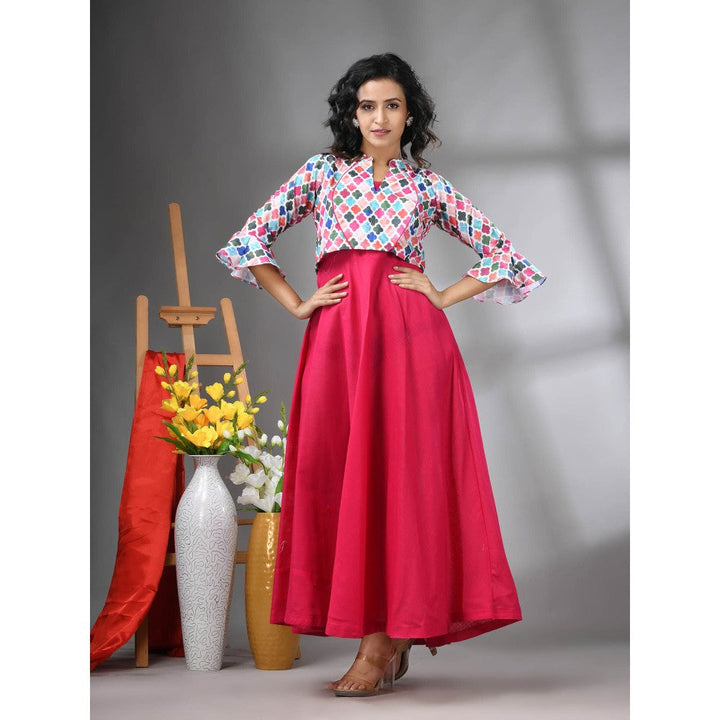 CHARUKRITI Fuchsia Cotton Solid Dress with Printed Cropped Jacket (Set of 2)