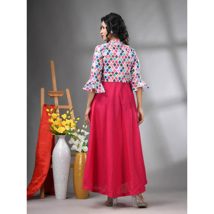 CHARUKRITI Fuchsia Cotton Solid Dress with Printed Cropped Jacket (Set of 2)