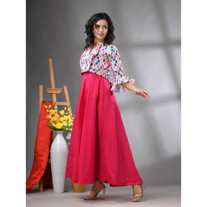 CHARUKRITI Fuchsia Cotton Solid Dress with Printed Cropped Jacket (Set of 2)