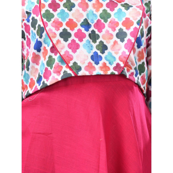 CHARUKRITI Fuchsia Cotton Solid Dress with Printed Cropped Jacket (Set of 2)