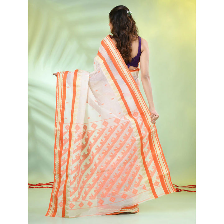 CHARUKRITI Orange and Off White Handwoven Cotton Saree with Unstitched Blouse