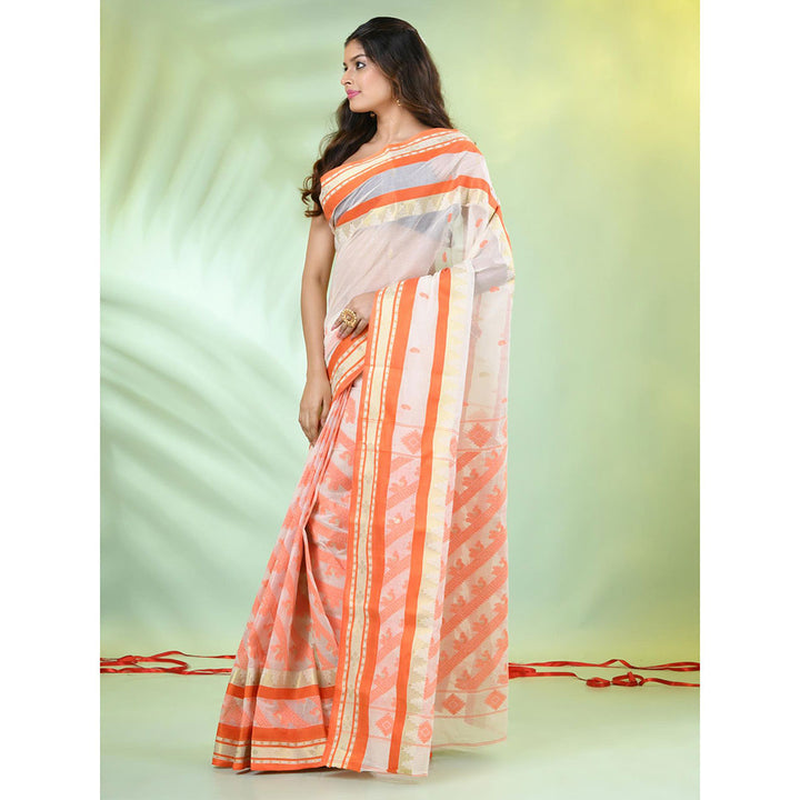 CHARUKRITI Orange and Off White Handwoven Cotton Saree with Unstitched Blouse