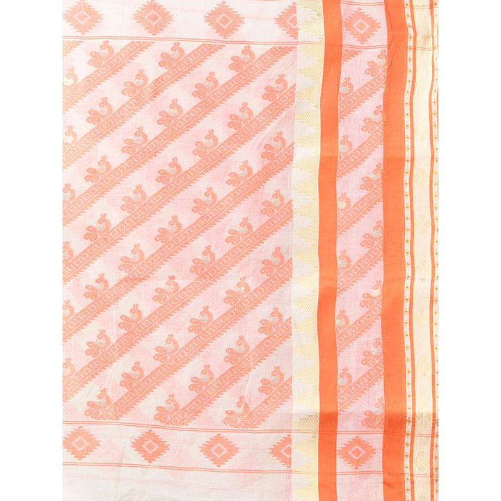 CHARUKRITI Orange and Off White Handwoven Cotton Saree with Unstitched Blouse