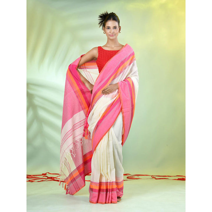 CHARUKRITI Cream Cotton Woven Temple Border Saree with Unstitched Blouse