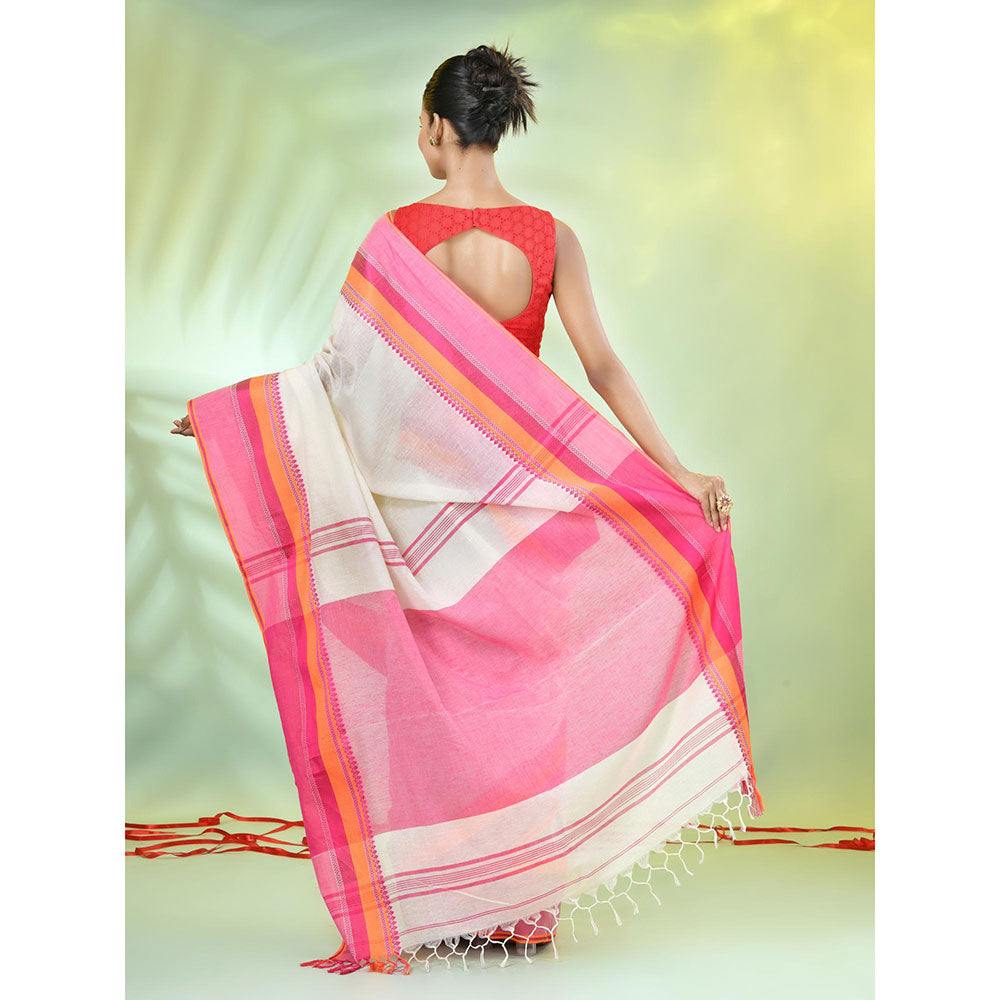 CHARUKRITI Cream Cotton Woven Temple Border Saree with Unstitched Blouse