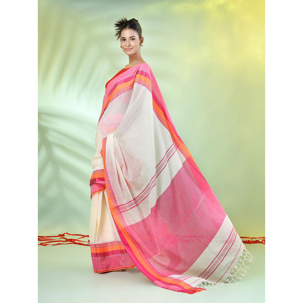 CHARUKRITI Cream Cotton Woven Temple Border Saree with Unstitched Blouse