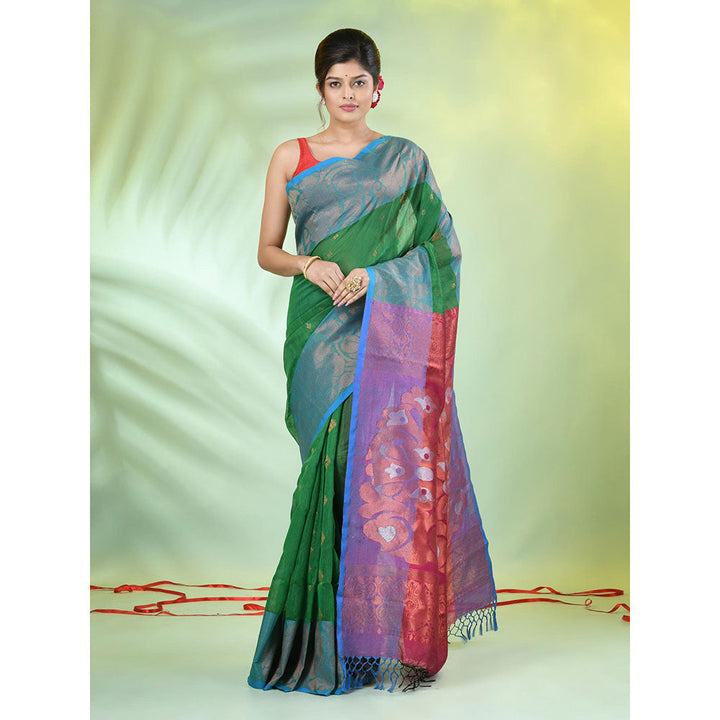 CHARUKRITI Green Cotton Blend Handwoven Tassels Saree with Unstitched Blouse