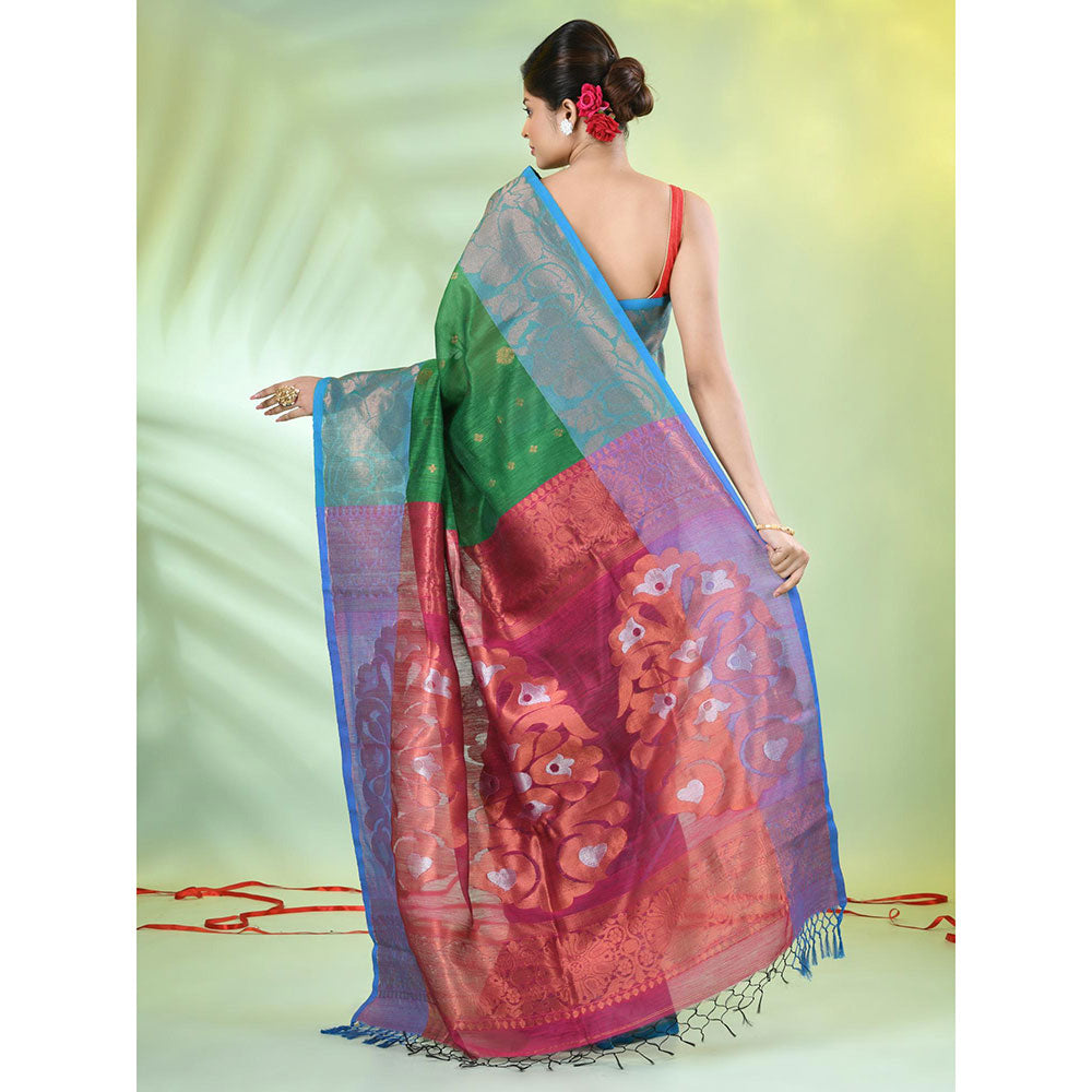 CHARUKRITI Green Cotton Blend Handwoven Tassels Saree with Unstitched Blouse