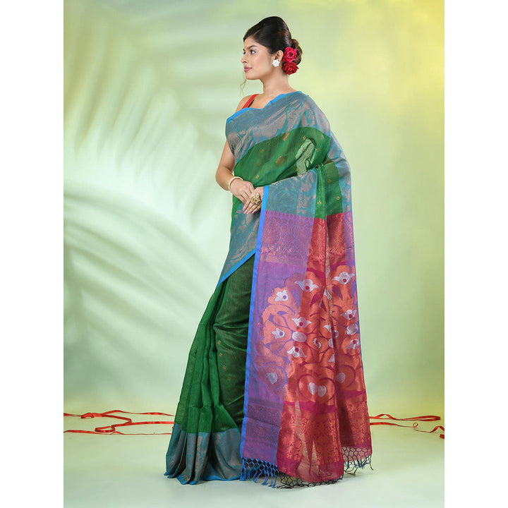 CHARUKRITI Green Cotton Blend Handwoven Tassels Saree with Unstitched Blouse