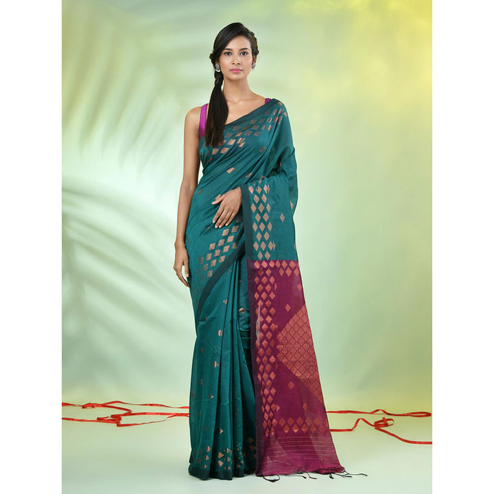 CHARUKRITI Teal Cotton Blend Woven Zari Border Saree with Unstitched Blouse