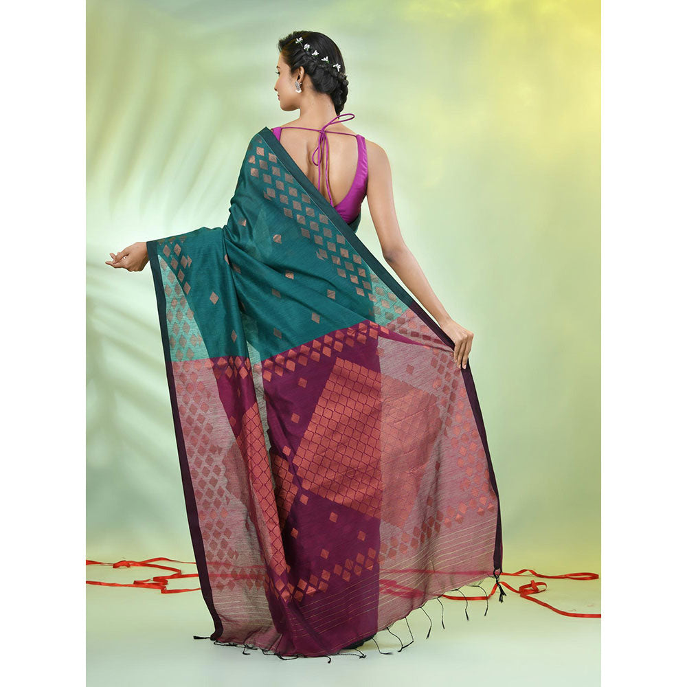 CHARUKRITI Teal Cotton Blend Woven Zari Border Saree with Unstitched Blouse