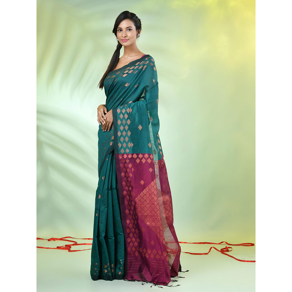 CHARUKRITI Teal Cotton Blend Woven Zari Border Saree with Unstitched Blouse