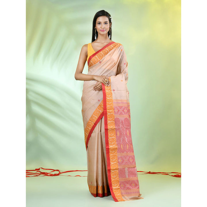 CHARUKRITI Beige Tussar Silk Woven Saree with Unstitched Blouse