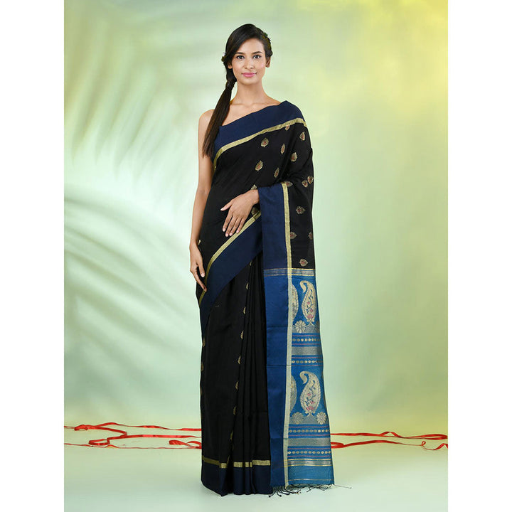 CHARUKRITI Black Cotton Blend Woven Tassels Saree with Unstitched Blouse