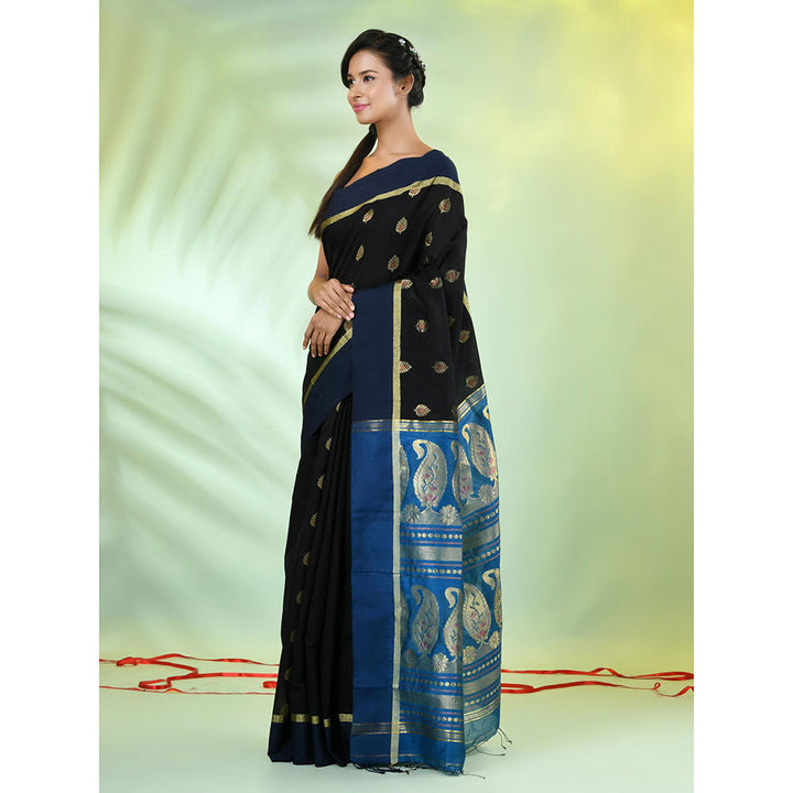 CHARUKRITI Black Cotton Blend Woven Tassels Saree with Unstitched Blouse