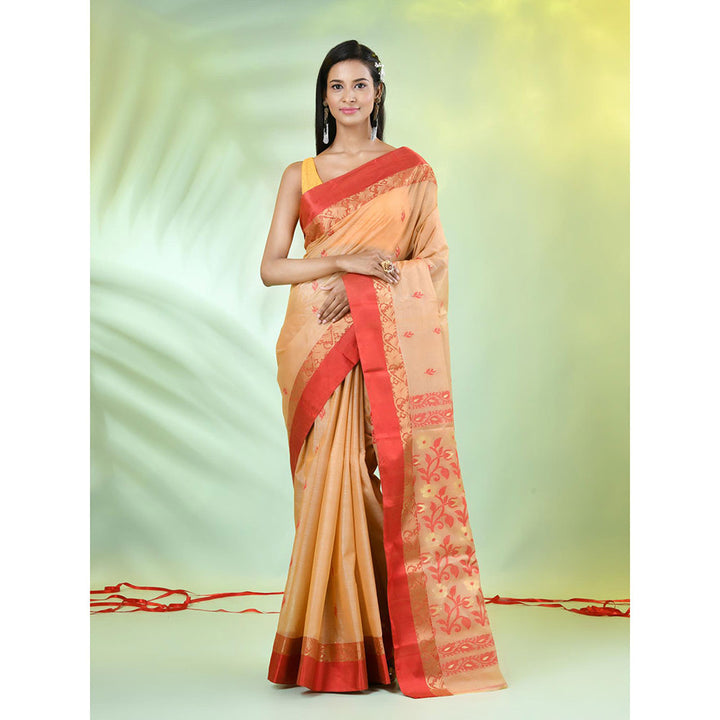 CHARUKRITI Red and Beige Tussar Silk Floral Woven Saree with Unstitched Blouse