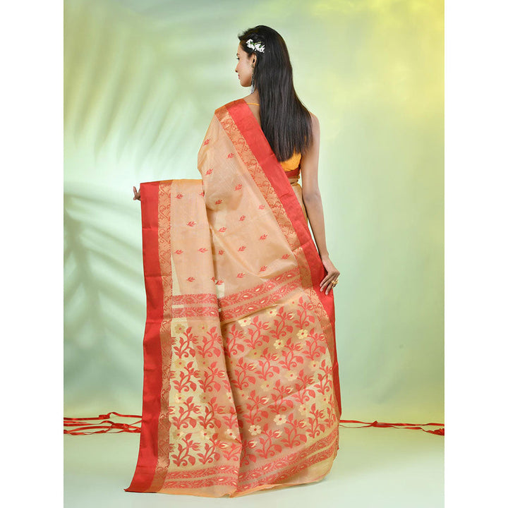 CHARUKRITI Red and Beige Tussar Silk Floral Woven Saree with Unstitched Blouse