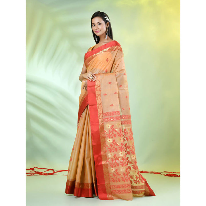 CHARUKRITI Red and Beige Tussar Silk Floral Woven Saree with Unstitched Blouse