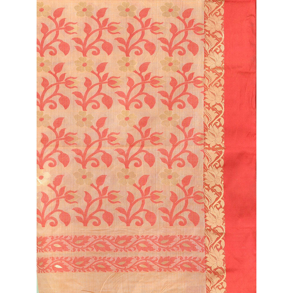 CHARUKRITI Red and Beige Tussar Silk Floral Woven Saree with Unstitched Blouse