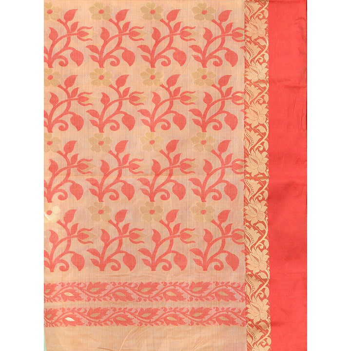 CHARUKRITI Red and Beige Tussar Silk Floral Woven Saree with Unstitched Blouse